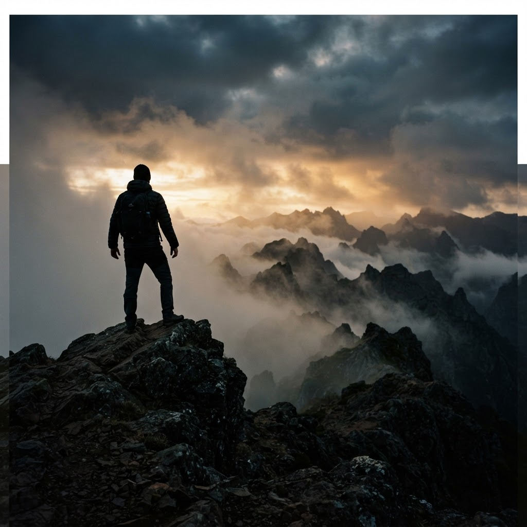 Homem no topo de uma montanha ao amanhecer